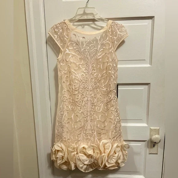 Jessica Simpson Elegant Cream Color Lace Sheath Dress with Ruffle Hem Size  2 NWT